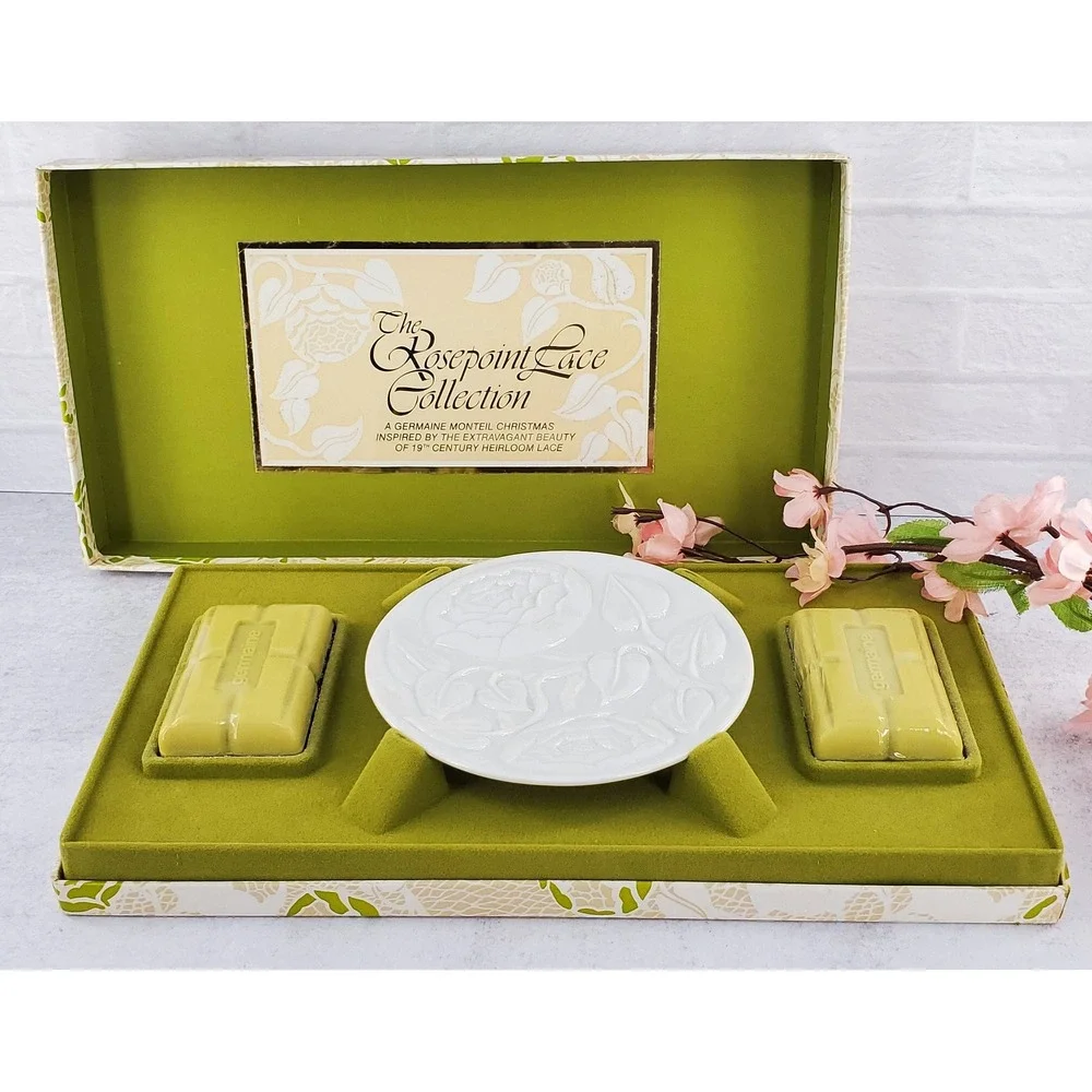 Vintage Germaine Cologne 2 Soap Bars Dish White Trinket Plate Rosepoint Lace Set